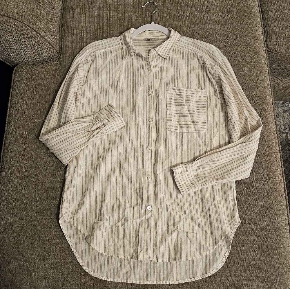 Loft Cream Striped Linen Blend Casual Relaxed Career Office Minimalist Top XS